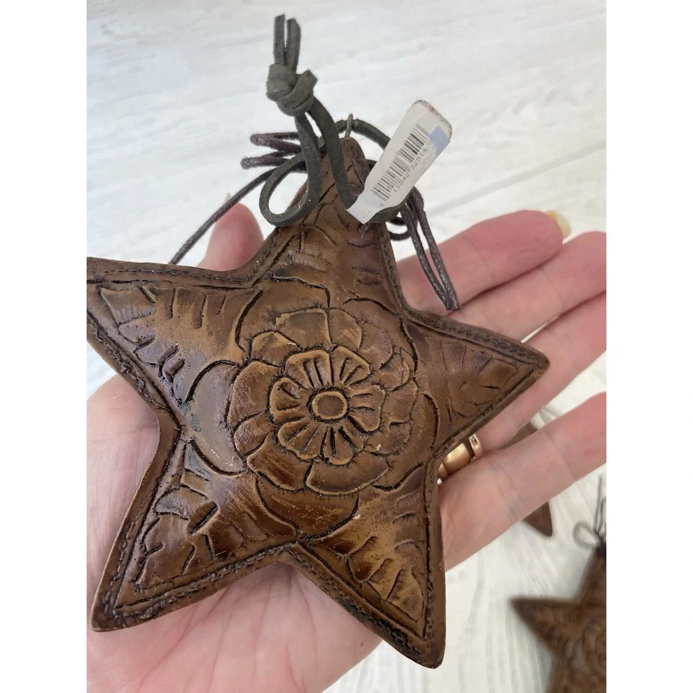 NWT Set of 3 Resin Cowboy Christmas Western Stars Ornaments Leather Look